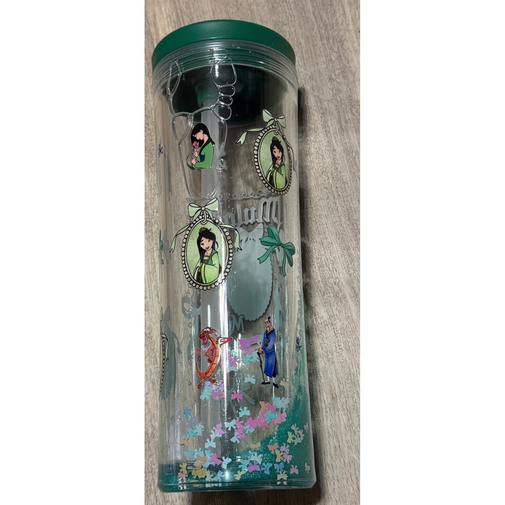 Disney Mulan Teal Glitter Tumbler Flip Top Straw Cup Mushu Cri-Kee 1998 Movie
